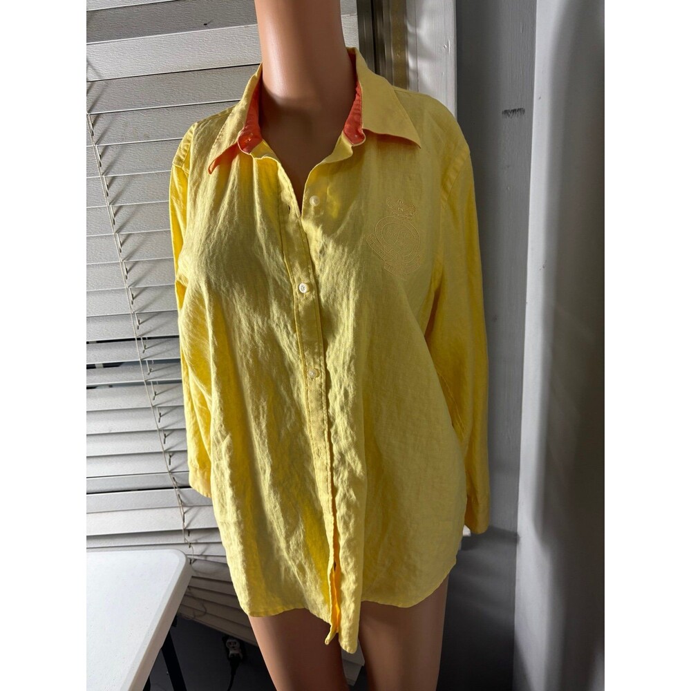 Lauren Ralph Lauren Womens L Yellow Long Sleeve Crest Logo Linen Shirt